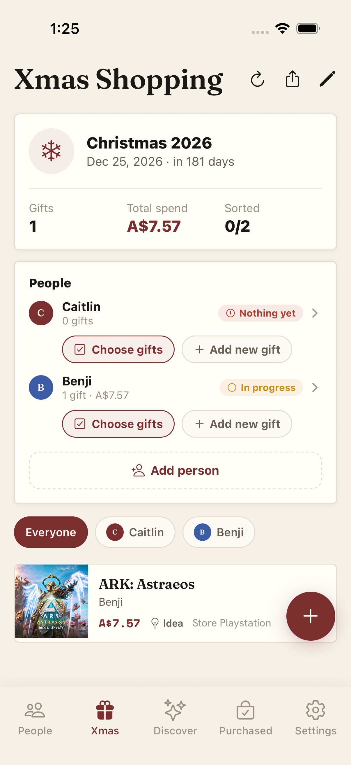 Xmas Shopping dashboard with per-person progress
